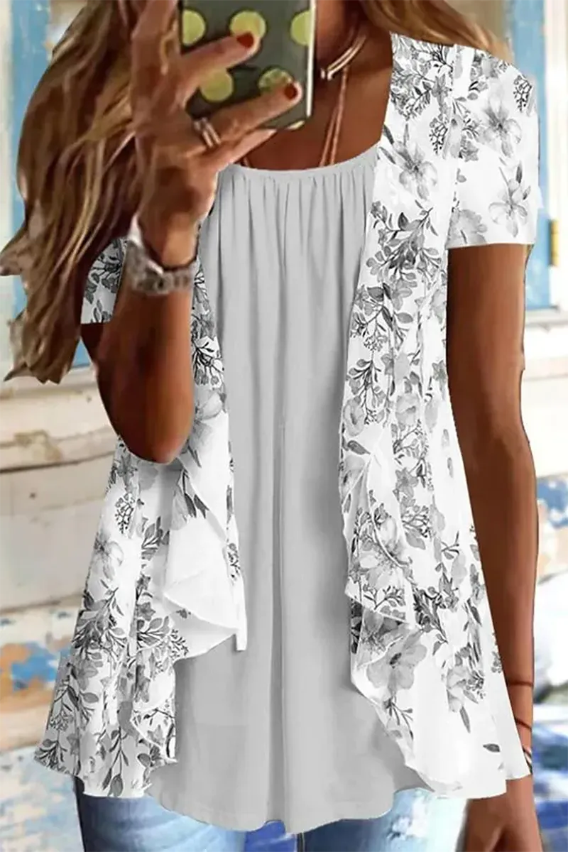 Floral Pattern Ruched Ruffle Trim 2-In-1 Blouse