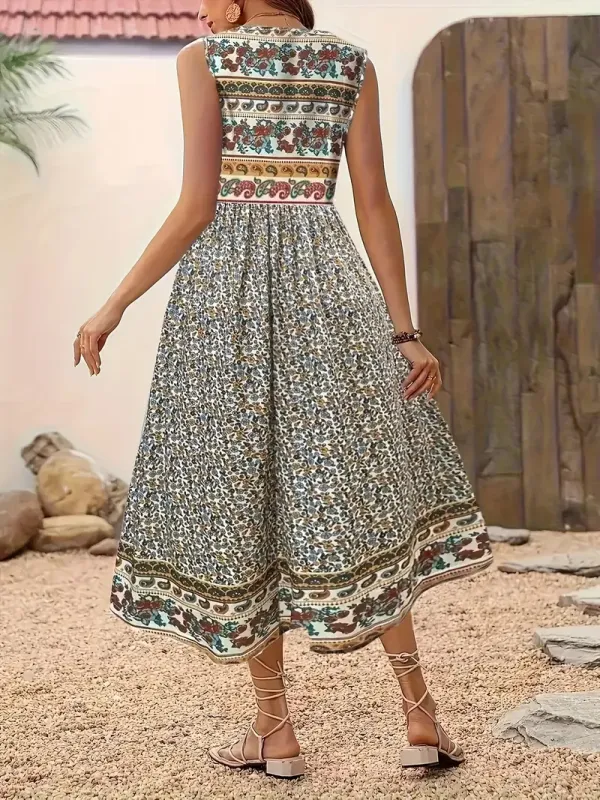 Women's Elegant Floral Print Sleeveless Round Neck Dress, Polyester Blend, Spring/Summer/Autumn Fashion