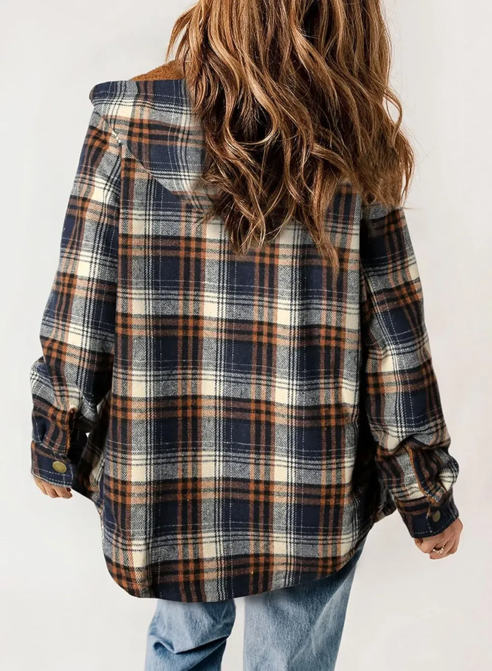 Womens Plaid Shacket Jacket Long Sleeve Button Down Fleece Hooded Jackets Warm Coat