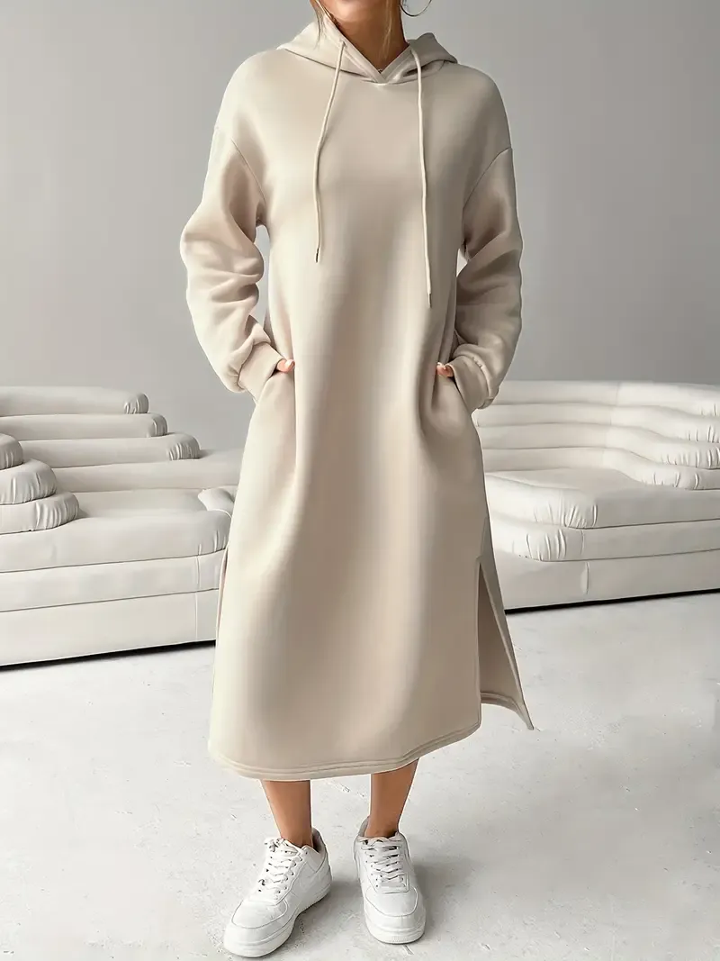 Women's Letter Print Drawstring Hooded Sweatshirt Dress, Long Sleeve Loose Casual Fall Winter Dress