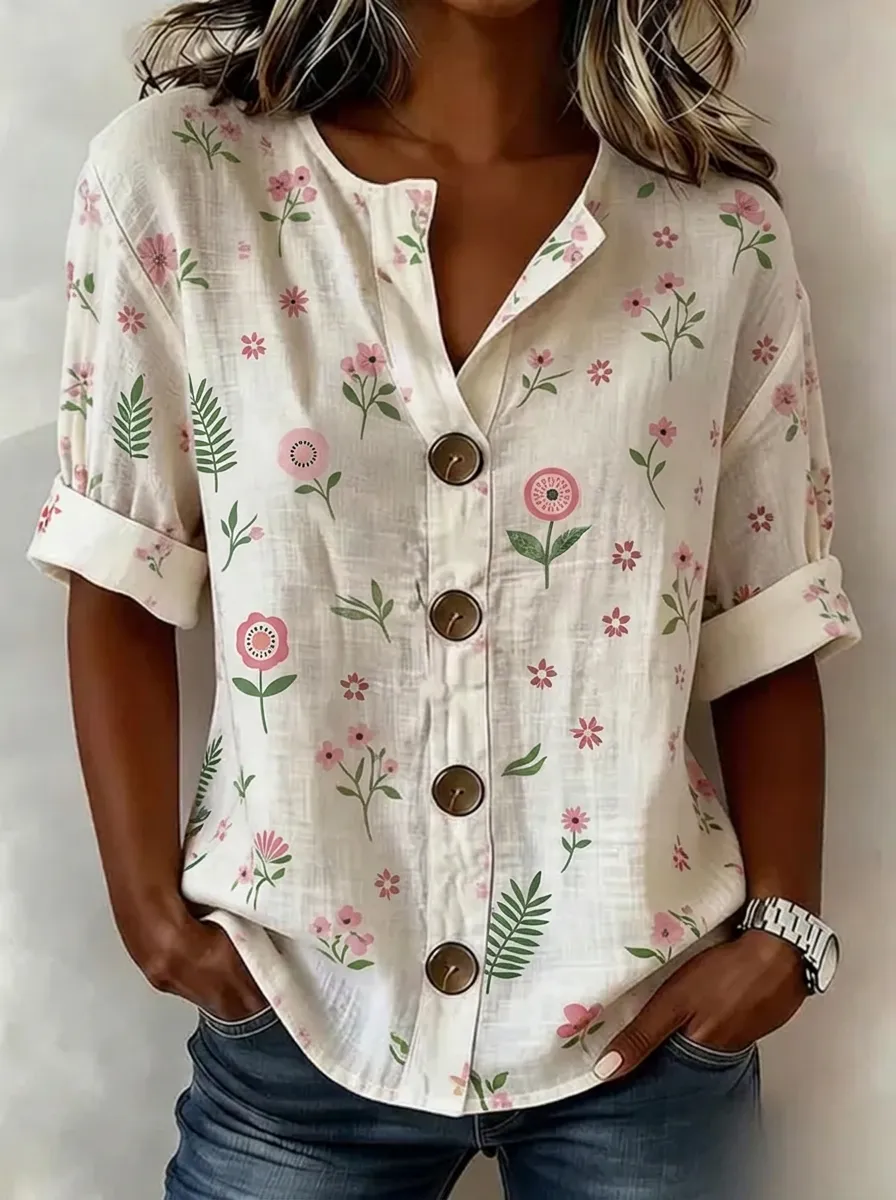 Women's Nashville Floral Botanical Printed Button-Down Shirt
