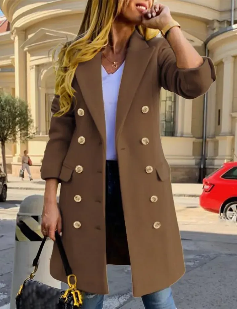 Womens Fall Winter Wool Coats Double Breasted Midi Peacoat Trench Coats