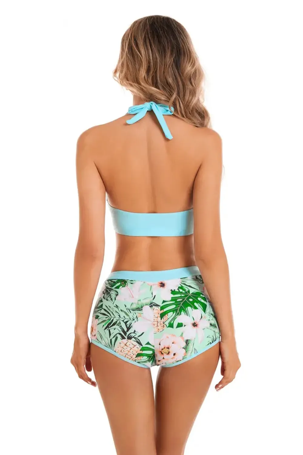 Floral Print Deep V Shape Halter Bikini Boxer Swimsuit