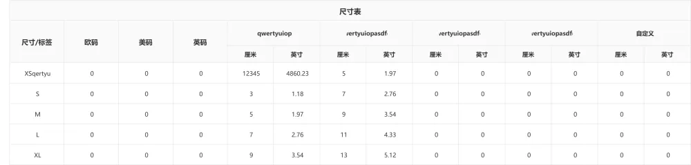 测试尺码表