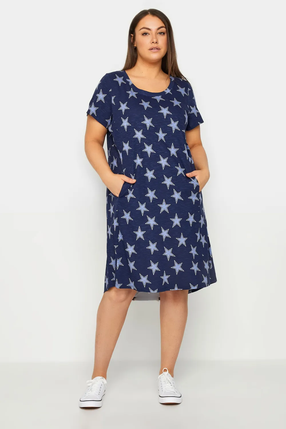 Evans Navy Blue Star Print Pocket Midi Dress