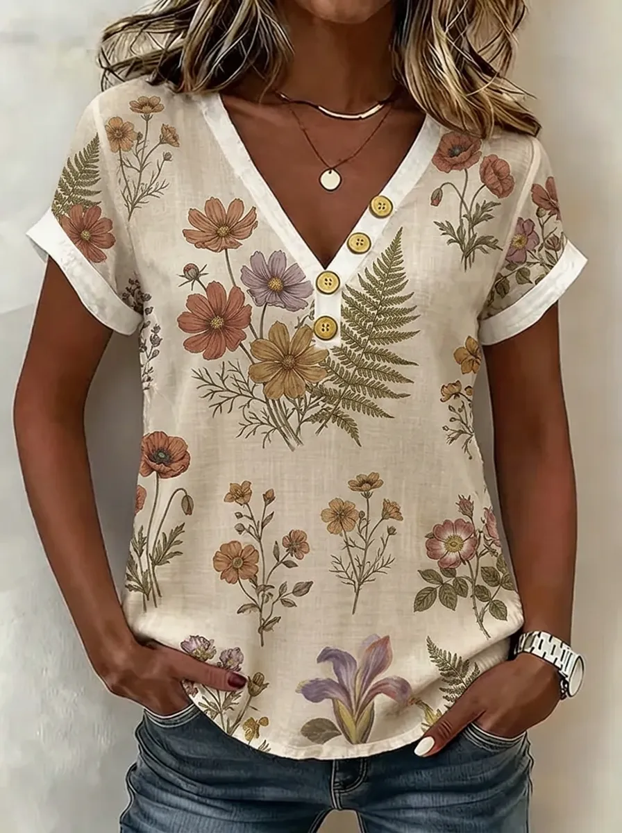 Women's Nashville Botanical Floral Printed V-Neck Button Top