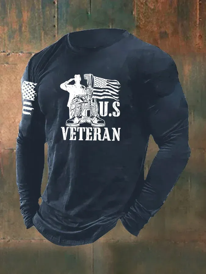 Men's US Veteran Pattern Long Sleeve 100% Cotton T-Shirt