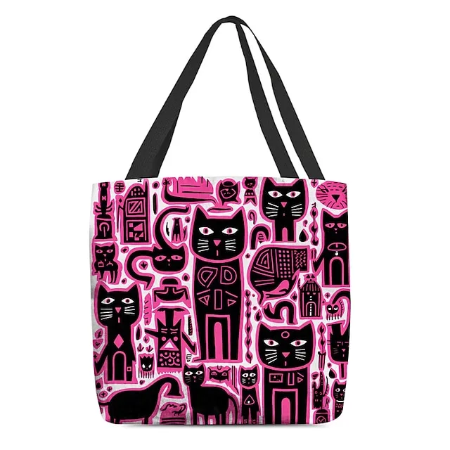 Women's Tote Shoulder Bag Canvas Tote Bag Polyester Oxford Cloth Shopping Holiday Print Large Capacity Foldable Lightweight Cat Black / Red Custom Print Light Pink