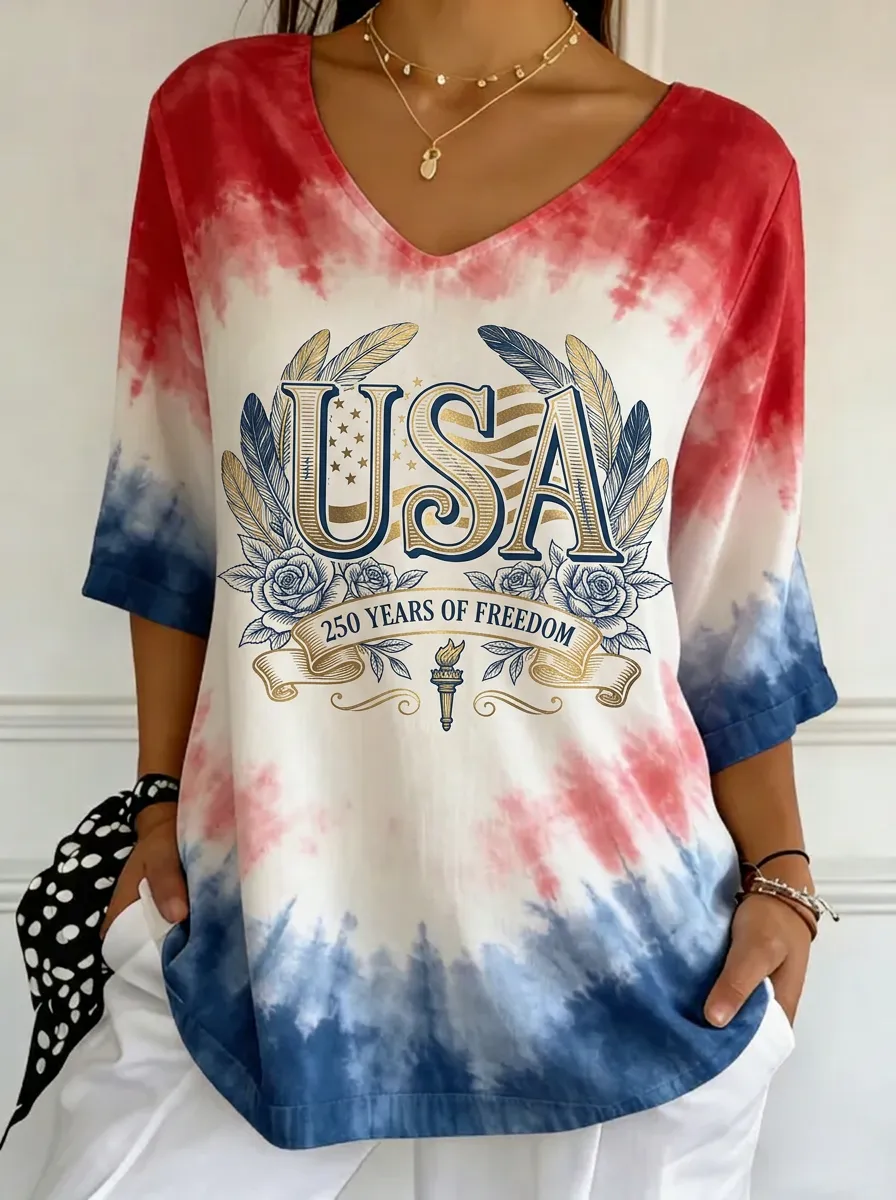 Women's USA Freedom Rose Feather Graphic Printed V-Neck T-shirt