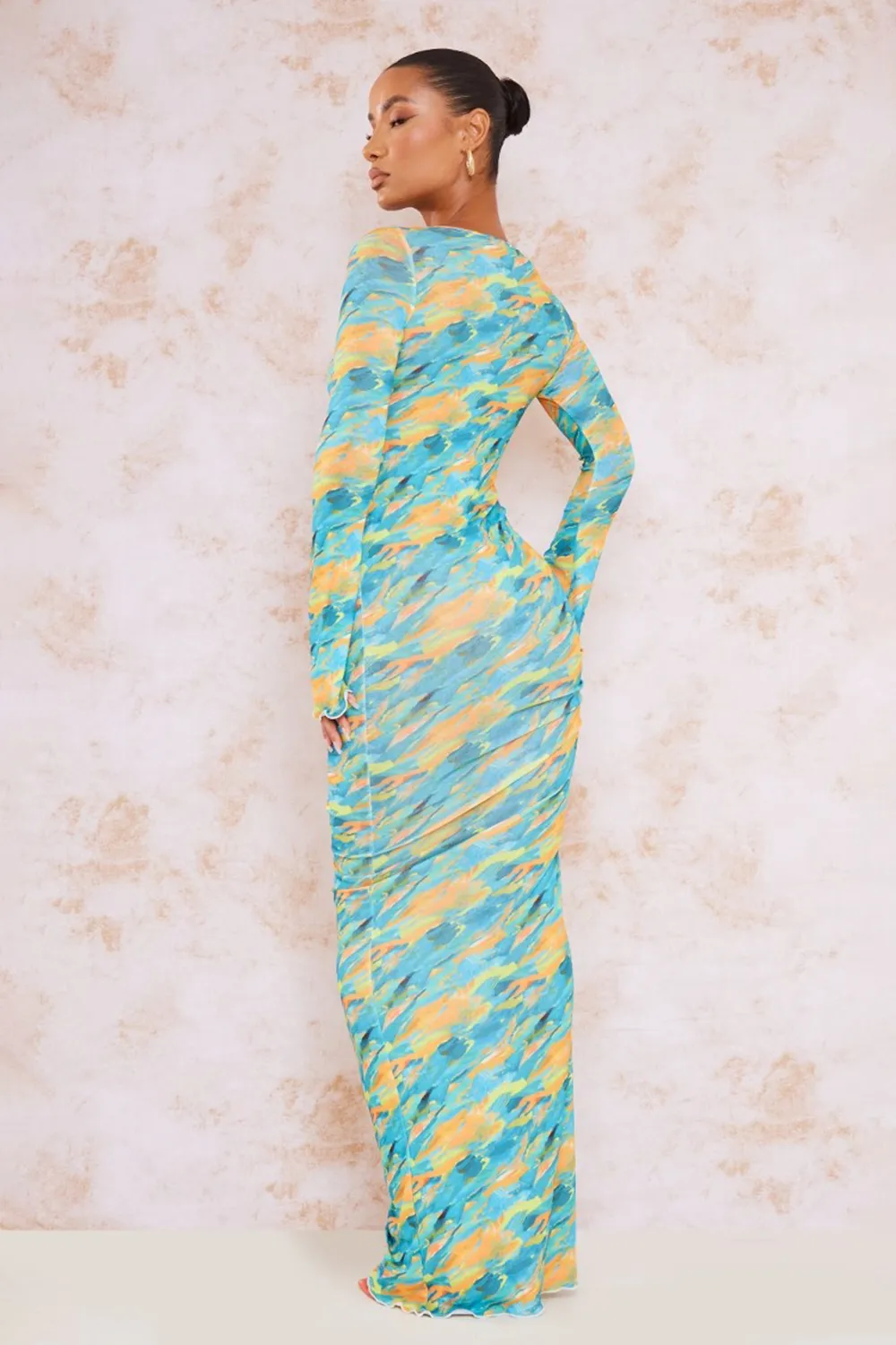 Orange Abstract Print Burnout Mesh Long Sleeve Maxi Dress