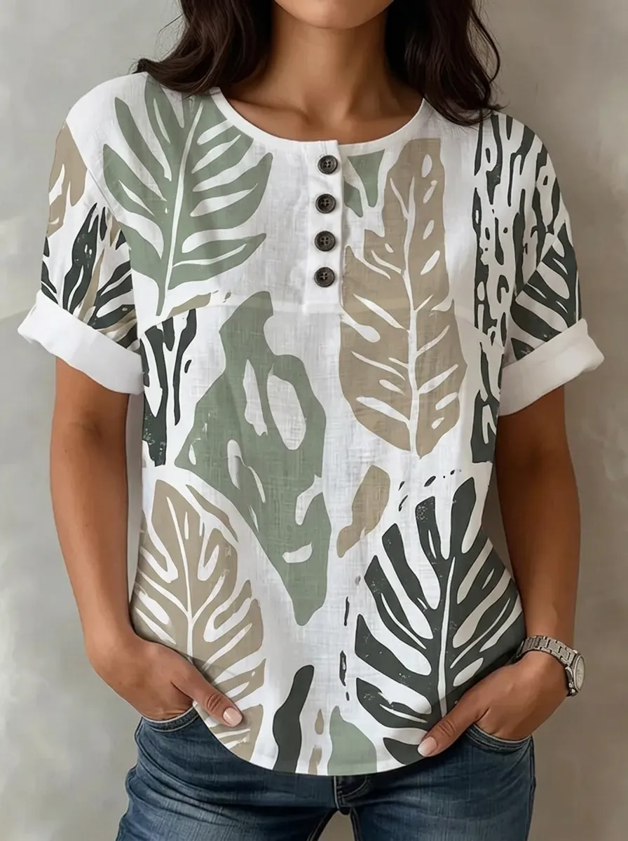 Women's Nashville Tropical Leaf Printed Button-Up Top