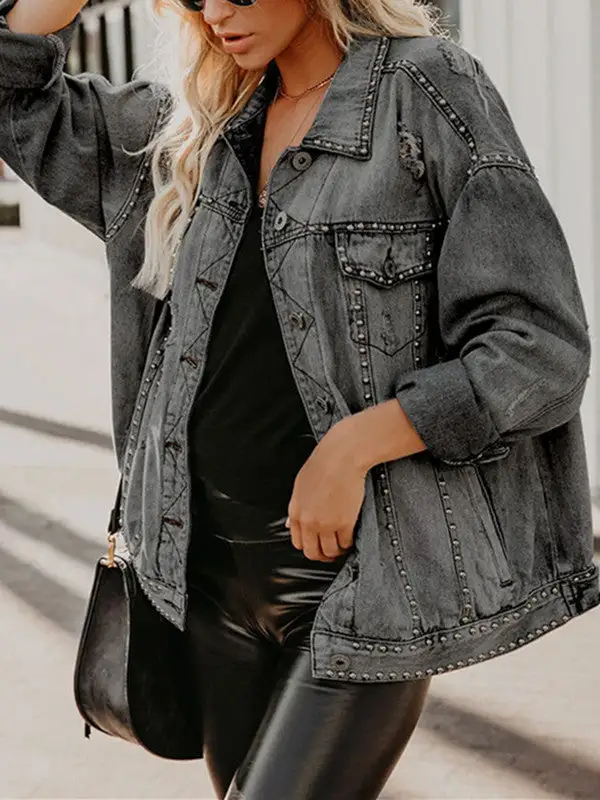 Distressed Studded Rip Denim Jacket