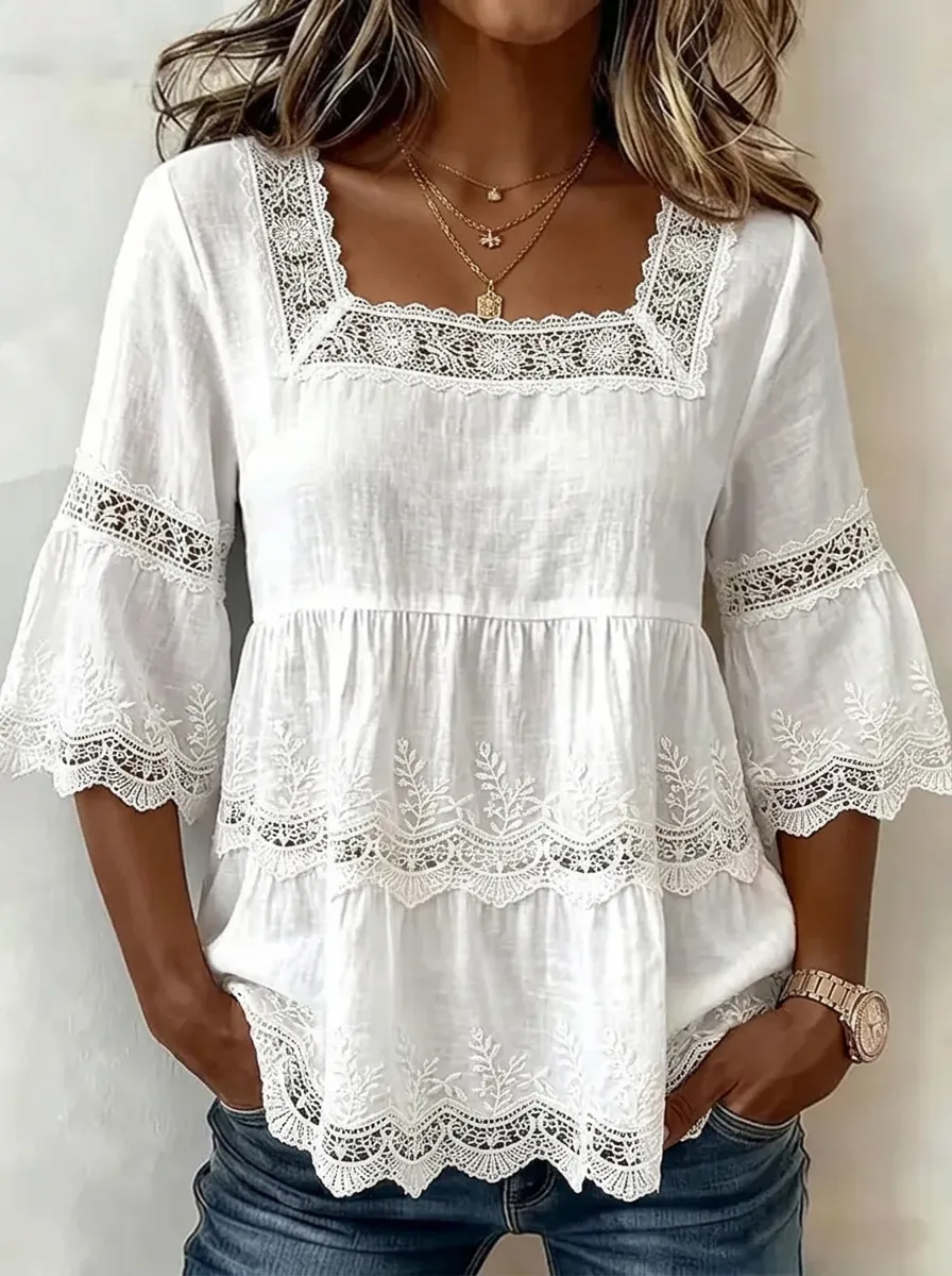 Women's Nashville Country Style Lace Trimmed Embroidered Blouse