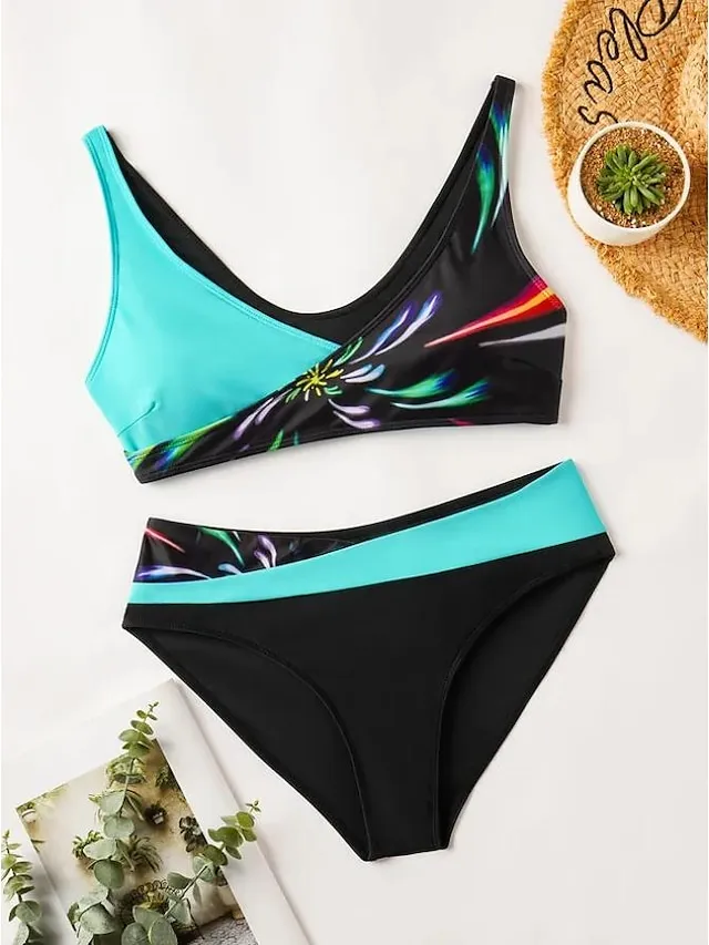 Women's Swimwear Bikini Plus Size Swimsuit 2 Piece Cut Out Graphic Blue Purple Gold Green Bandeau Bathing Suits Sports Push Up Summer