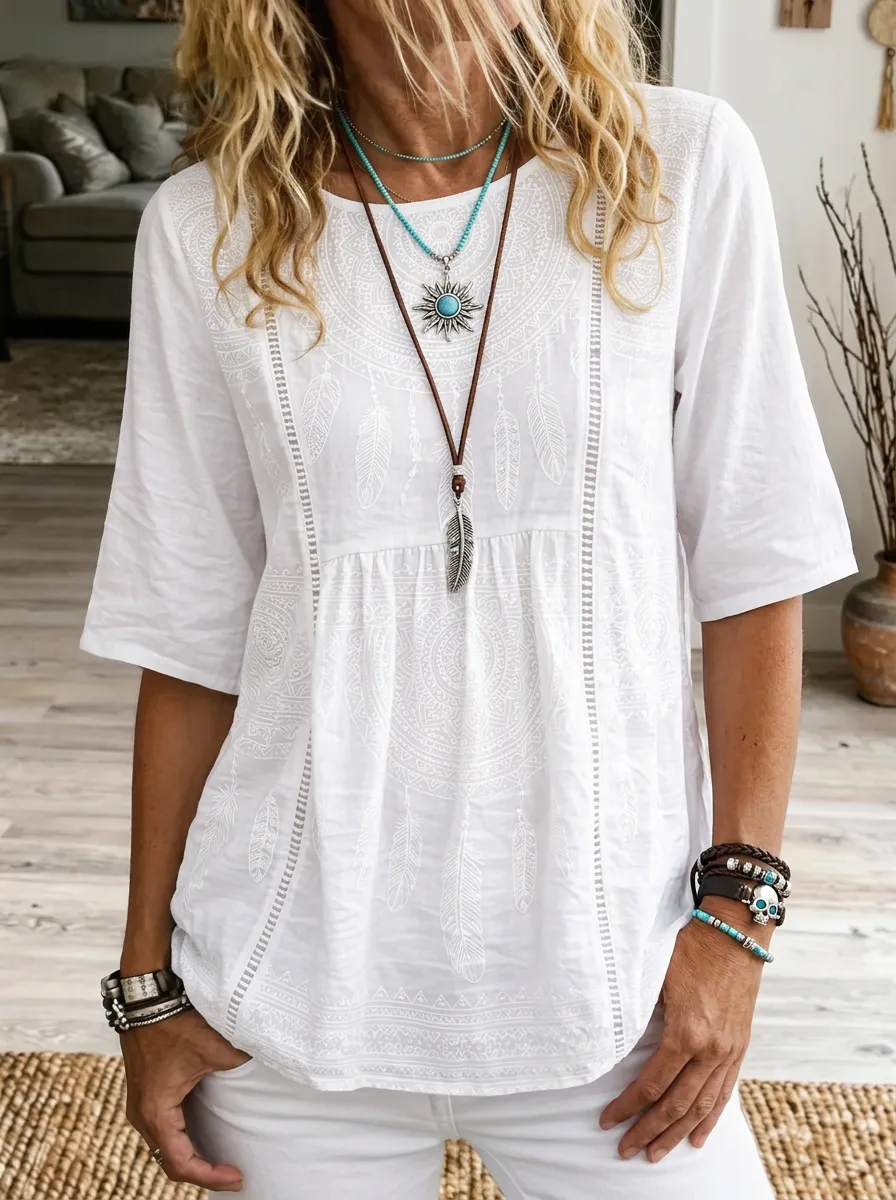 Women's Nashville Boho Feather Mandala Printed Top
