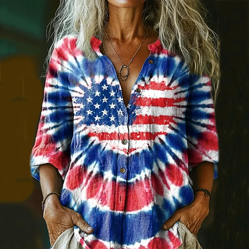 Women's Tie Dye With Independence Day Flag Pattern Art Casual Linen Henley Collar Shirt
