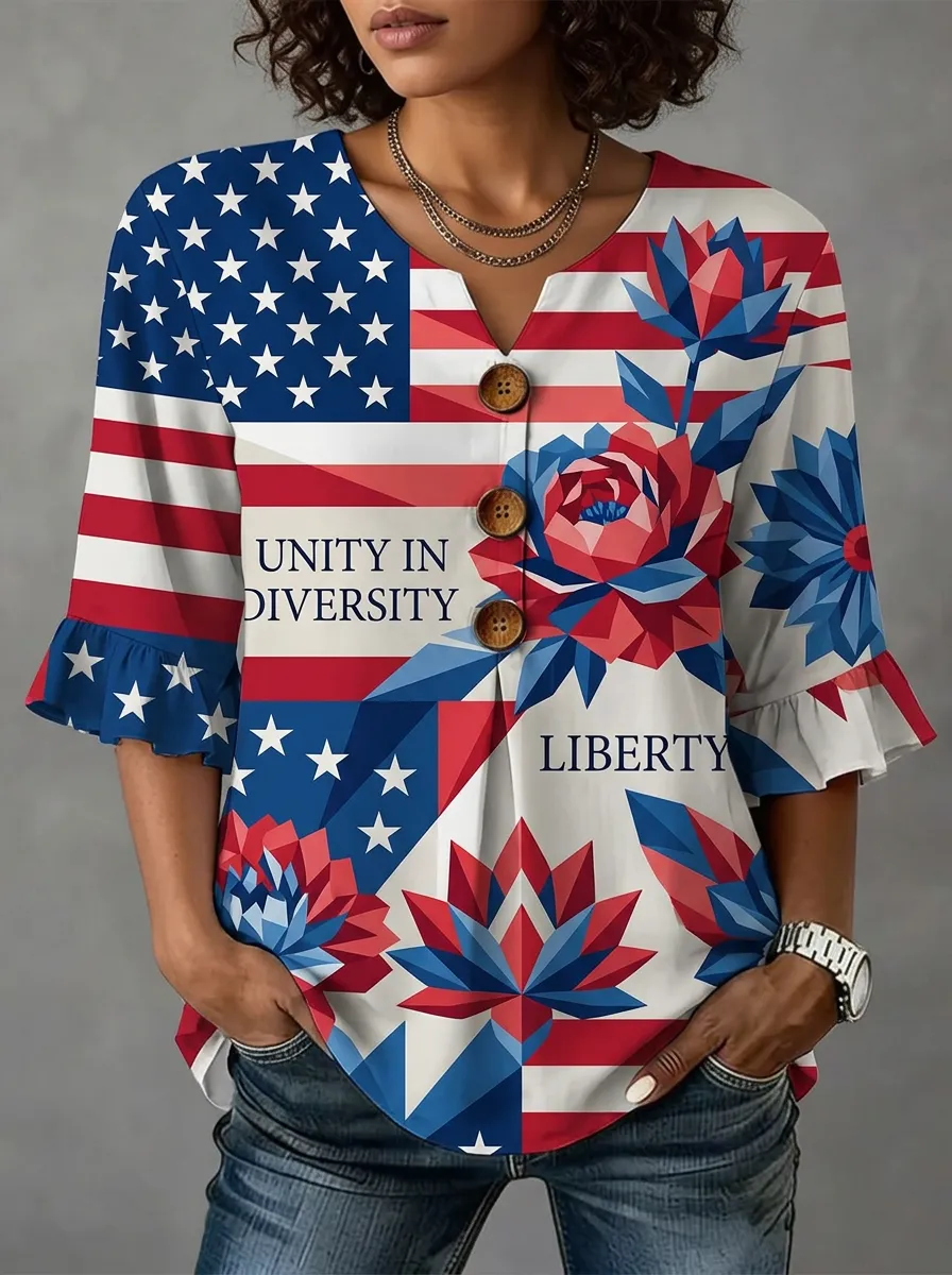 Women's Nashville Patriotic Floral Unity Liberty Printed V-Neck Top