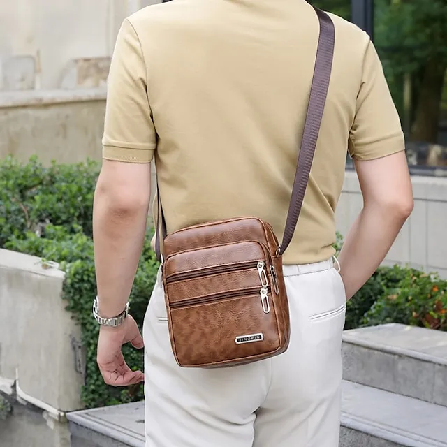 Men's Crossbody Bag Shoulder Bag Messenger Bag PU Leather Outdoor Daily Zipper Large Capacity Waterproof Lightweight Solid Color Black Brown Coffee