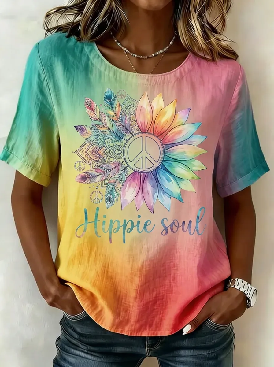 Women's Nashville Hippie Soul Sunflower Feather Peace Sign Printed T-shirt