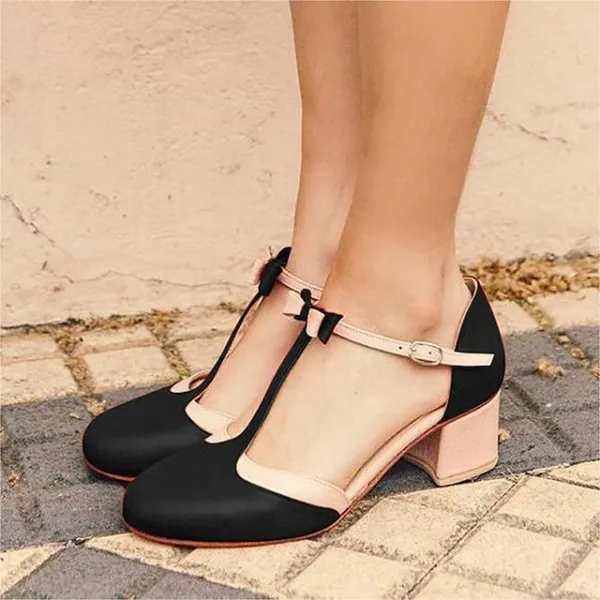 Women's Sandals Plus Size Party Daily Block Heel Round Toe Elegant Sweet PU Leather Buckle Black Red