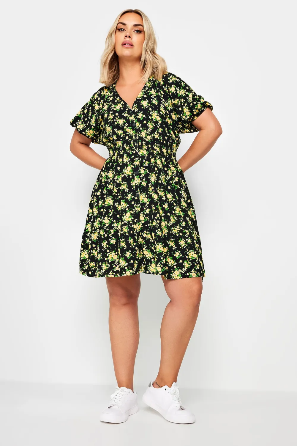 YOURS Curve Yellow Floral Print Button Through Dress