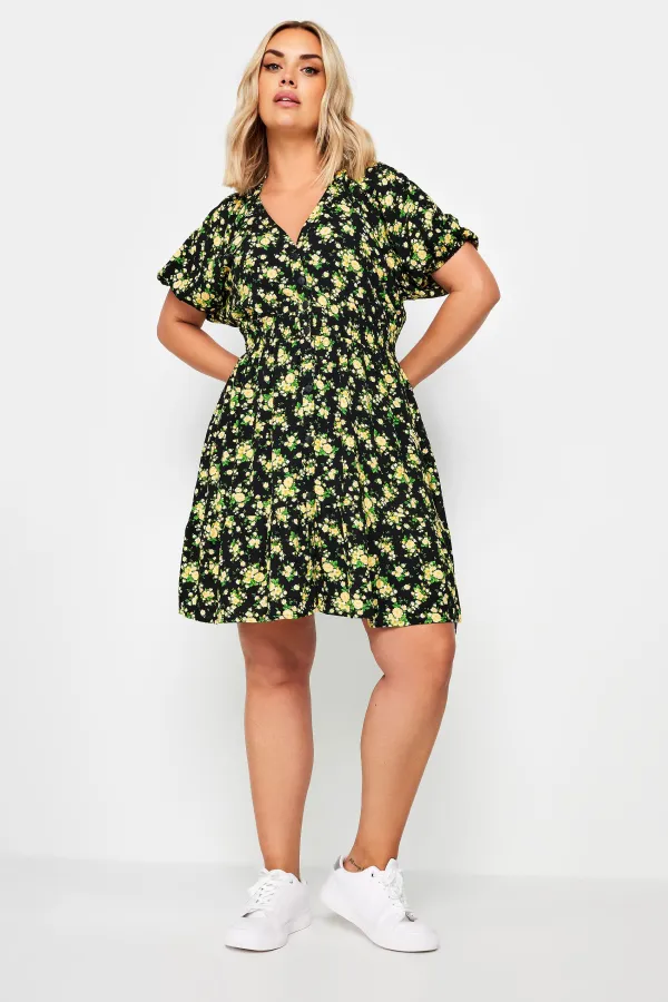 YOURS Curve Yellow Floral Print Button Through Dress