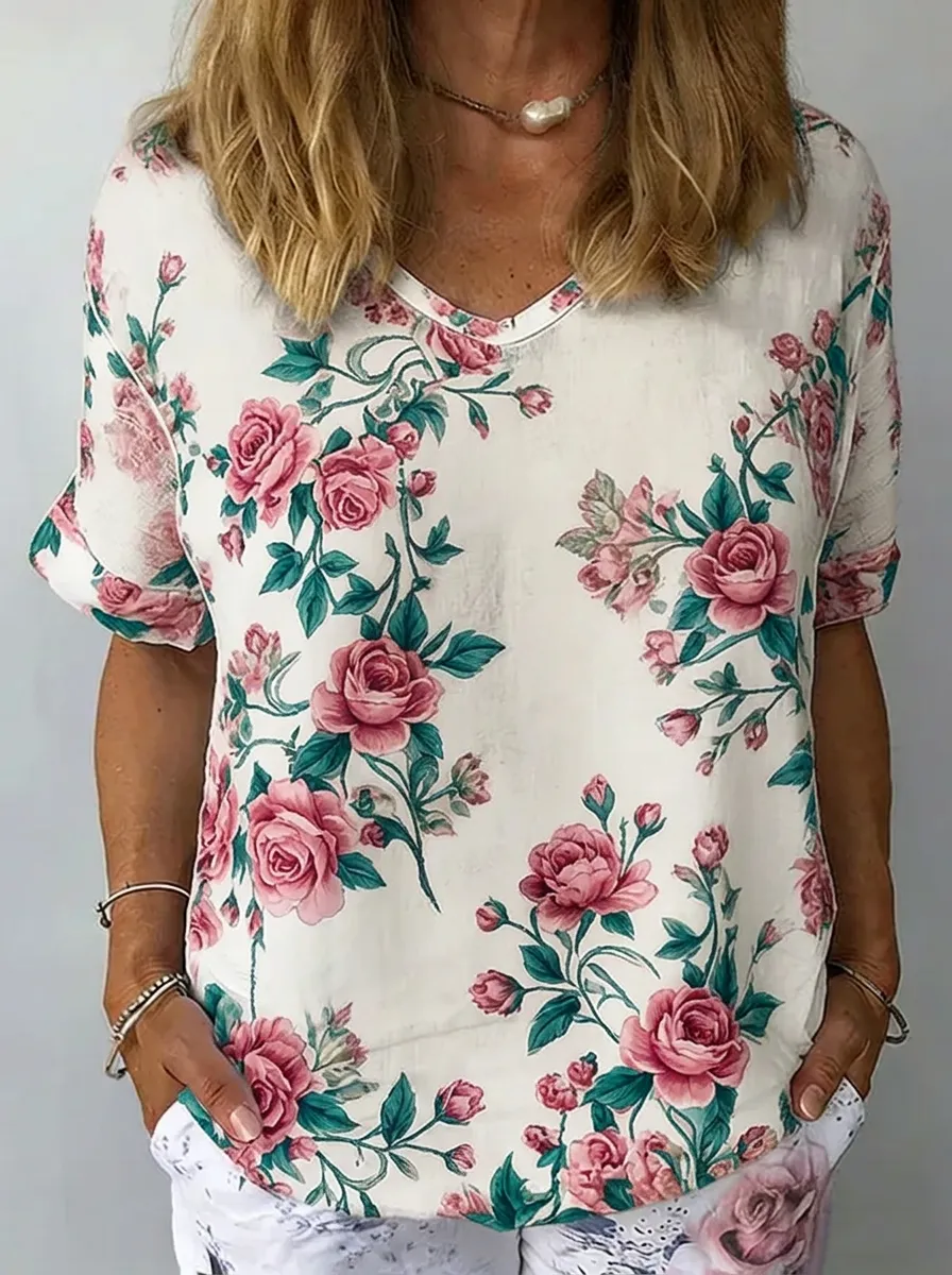 Women's Nashville Floral Rose Printed V-neck Top