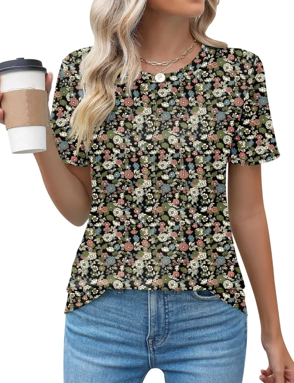 Kistore Womens Casual Crew Neck Short Sleeve Pleated Tops Blouses Fashion Clothes 2024