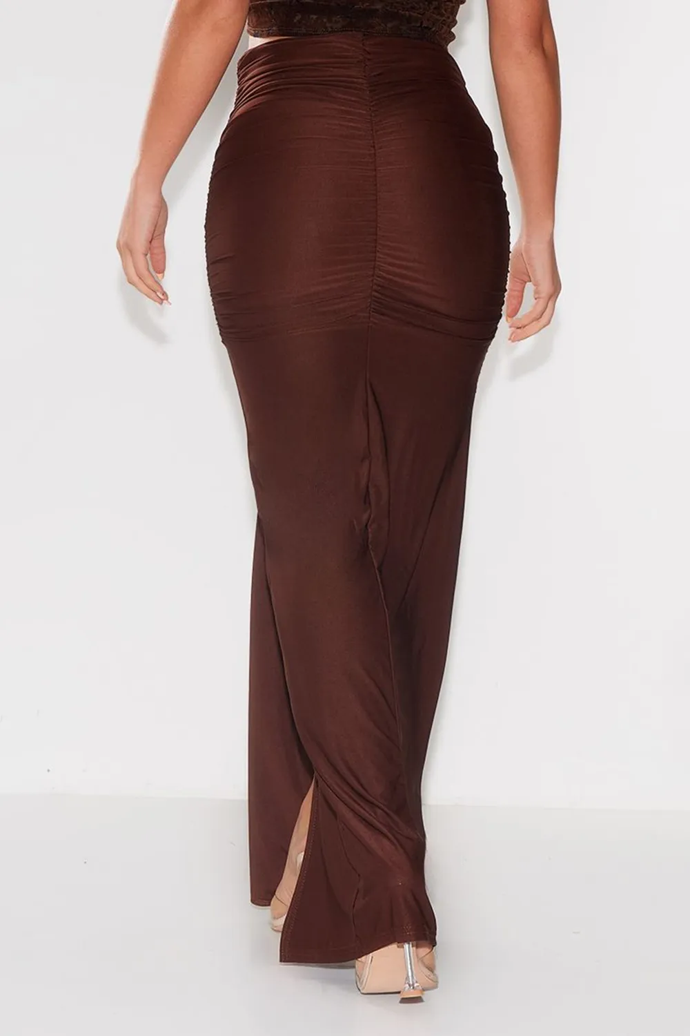 CHOCOLATE SLINKY RUCHED DRAPE FRONT MAXI SKIRT