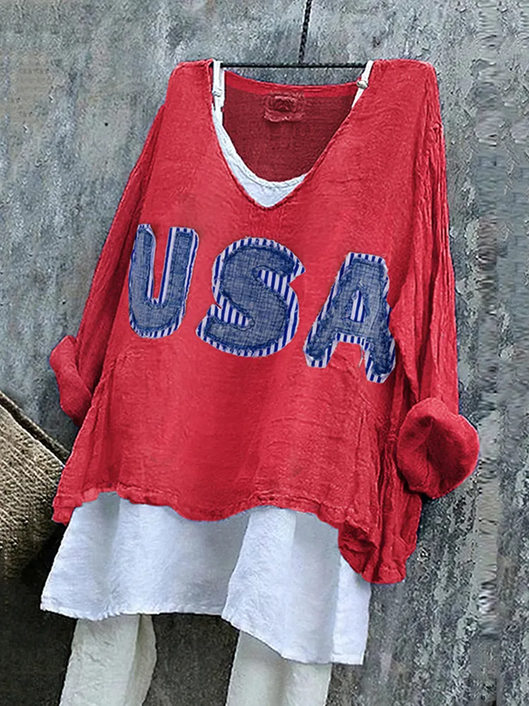 Women's Usa Stripe Applique Art Linen V-neck Shirt