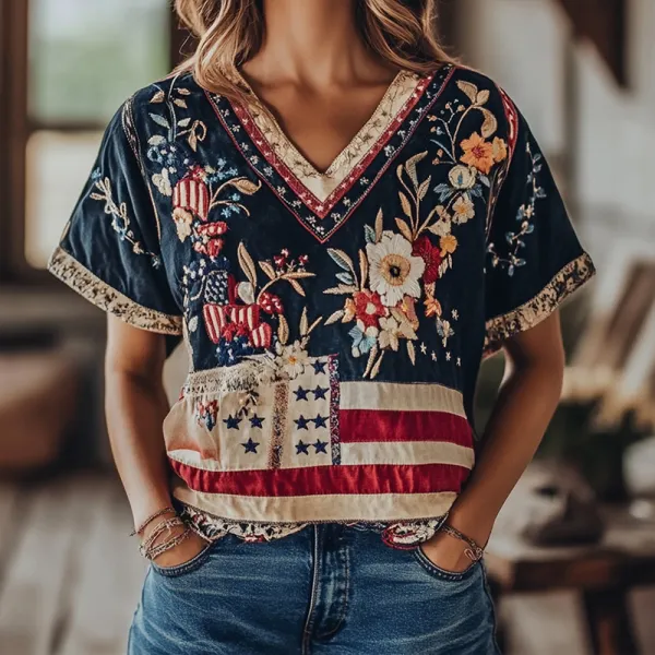 Women's Independence Day Flag Floral Embroidery Print V-neck Casual T-shirt