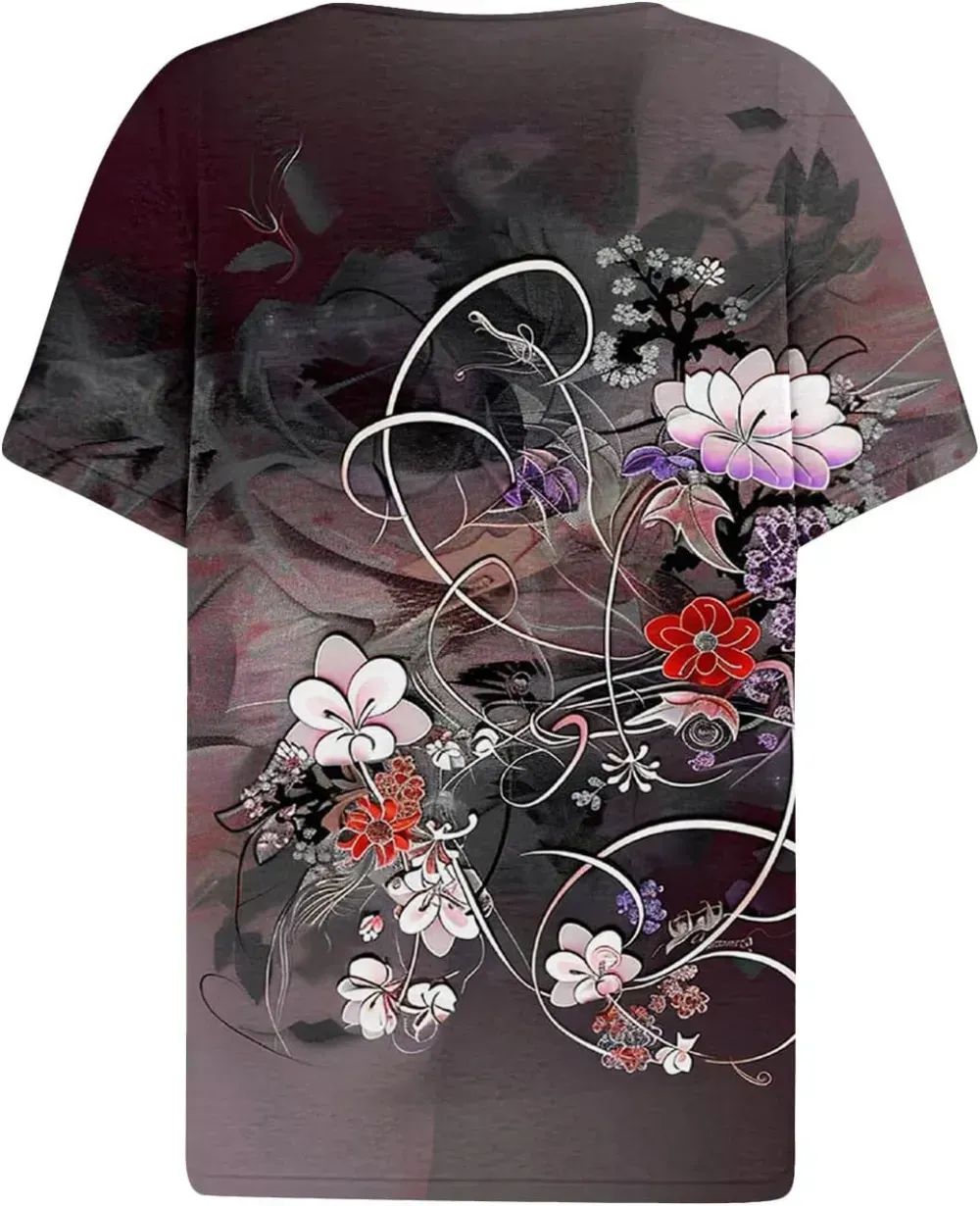 Shirts for Women Casual Printed Summer Tops Short-Sleeved Button V-Neck Tops Blouse Fashion Boho T-Shirts