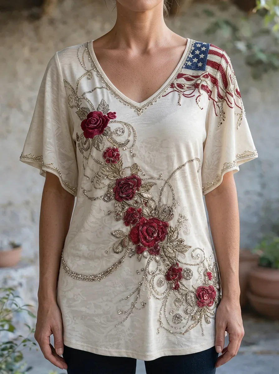 Women's Nashville Country Rose American Flag Printed V-neck Top