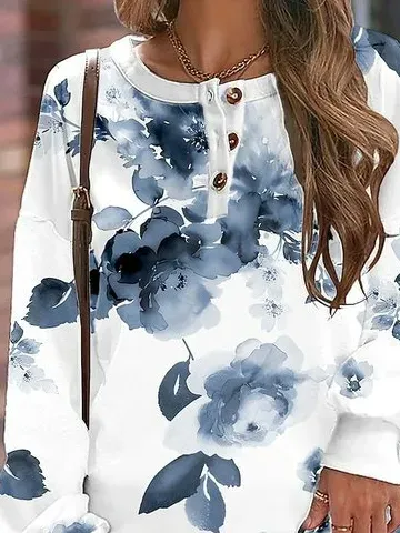 Casual Crew Neck Floral Sweatshirt Buckle