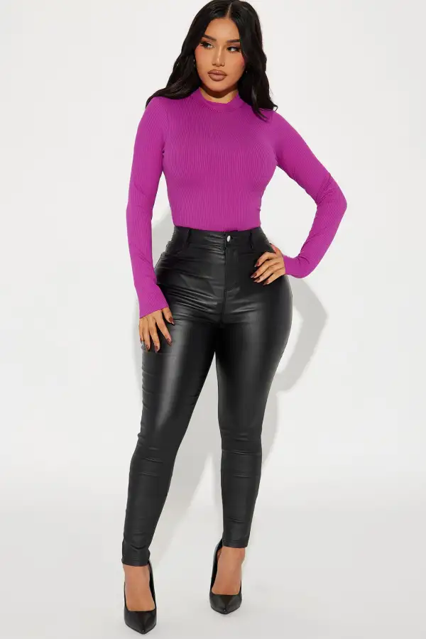 Gina Ribbed Long Sleeve Bodysuit - Purple