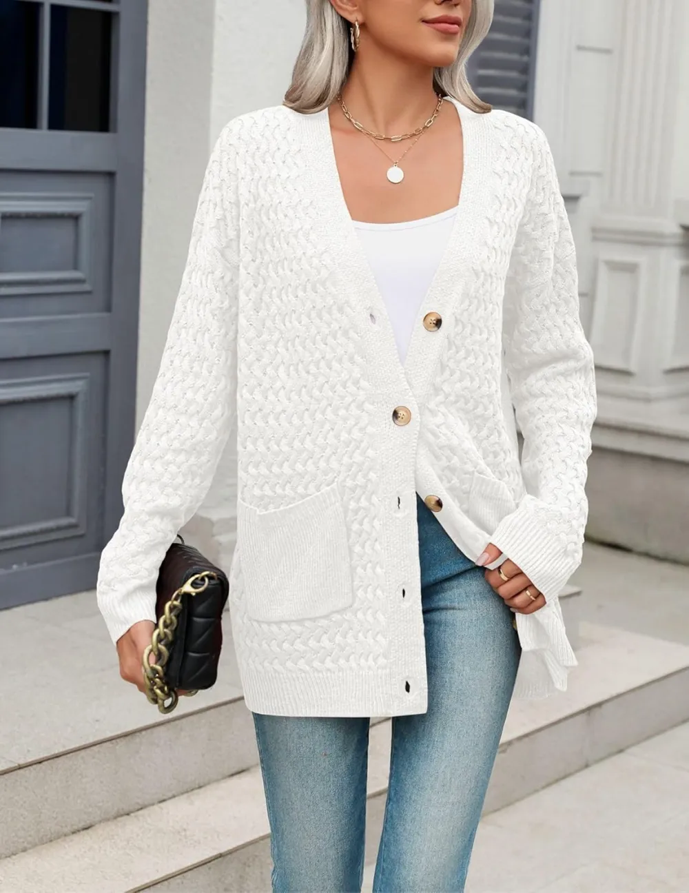 Womens 2024 Long Sleeve Chunky Cable Knit Fall Cardigans Sweaters Button Down Open Front Outerwear with Pockets