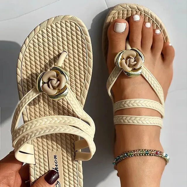 Women's Sandals Flip-Flops Flip-Flops House Slippers Beach Slippers Daily Beach Summer Flat Heel Casual Comfort Bohemia EVA Solid Color White / Gold Black / Beige Black