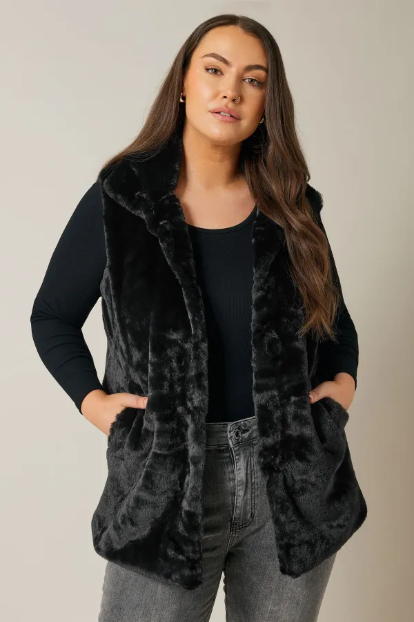 Evans Black Faux Fur Open Collar Gilet