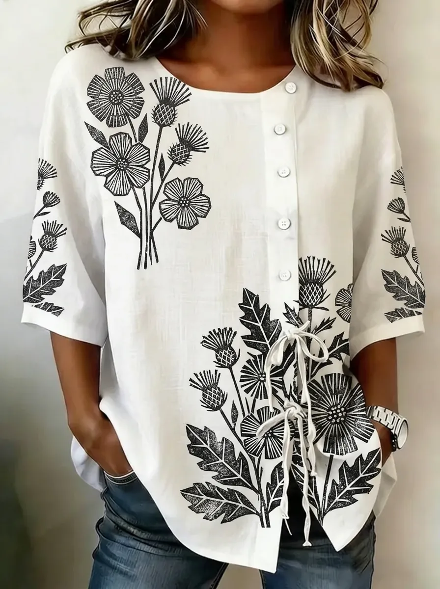 Women's Nashville Botanical Thistle Printed Button-Up Shirt