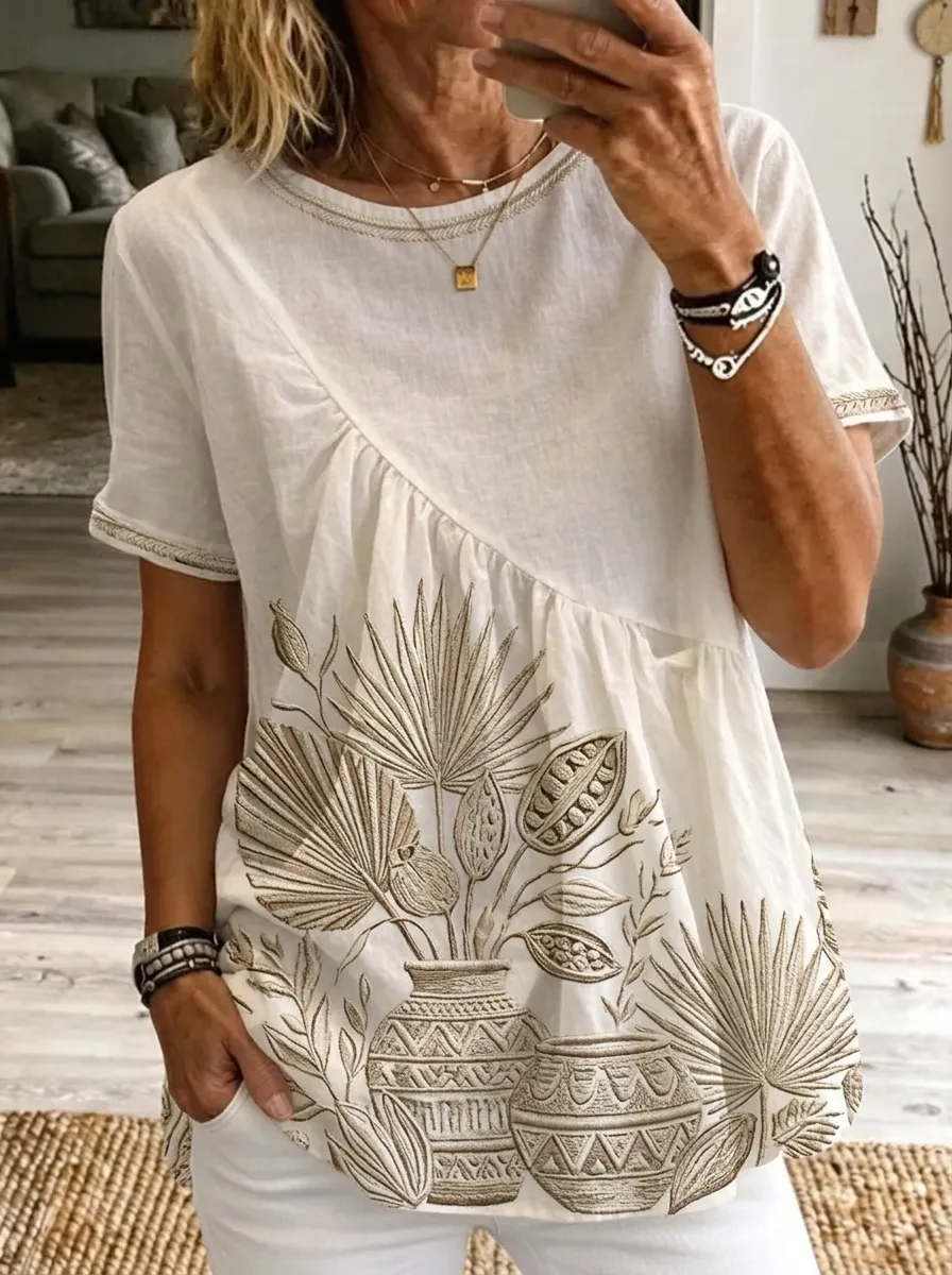 Women's Nashville Botanical Vase Embroidered Printed T-shirt
