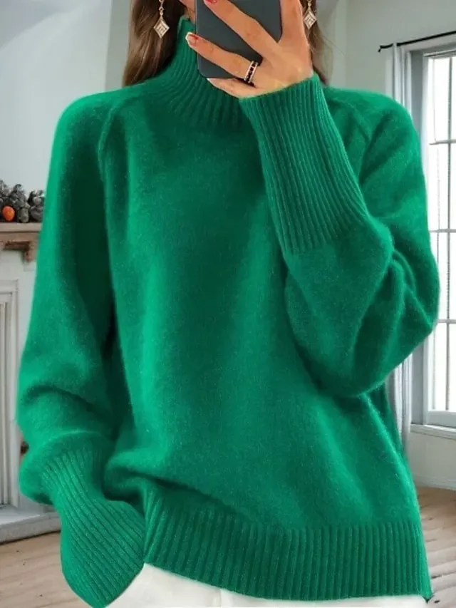 Women's Sweater Pullover Sweater Jumper Turtleneck Knit Knitted Raglan Sleeves Spring Fall Home Daily Holiday Daily Casual Soft Long Sleeve Pure Color White Light Green