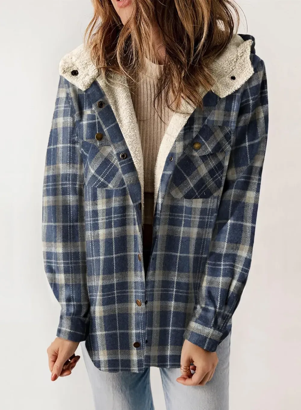 Womens Plaid Shacket Jacket Long Sleeve Button Down Fleece Hooded Jackets Warm Coat