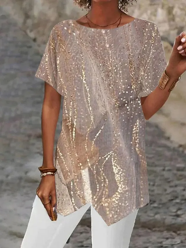 Women's Shirt Blouse Silver Black White Graphic Abstract Asymmetric Print Short Sleeve Casual Basic Round Neck Regular Fit