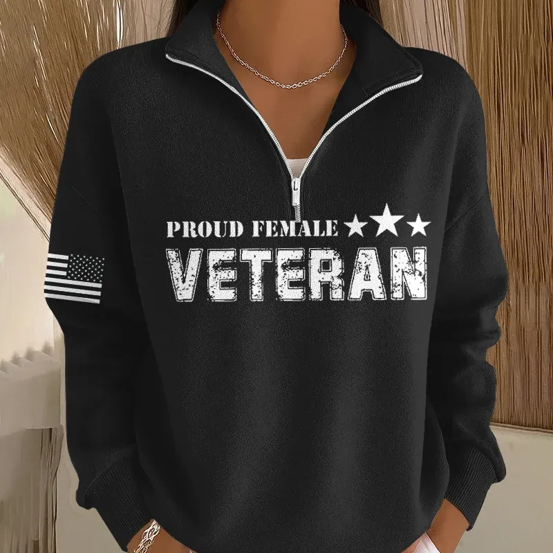 Women's Veteran Art Print Casual Zip-Up Sweatshirt