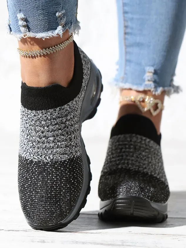 Sports Color Block Breathable Slip On Block Heel Fly Woven Shoes