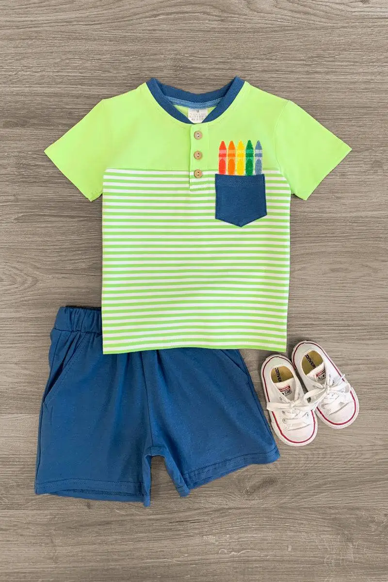 Green Striped Crayon Short Set