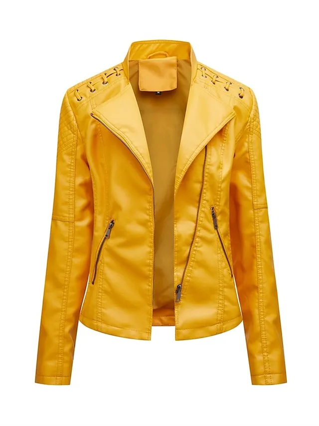 Women's  Faux Leather Jacket Moto Biker Jacket Fall Waterproof Windproof Coat Winter Zipper Lapel Modern Outerwear Long Sleeve Causal Vacation