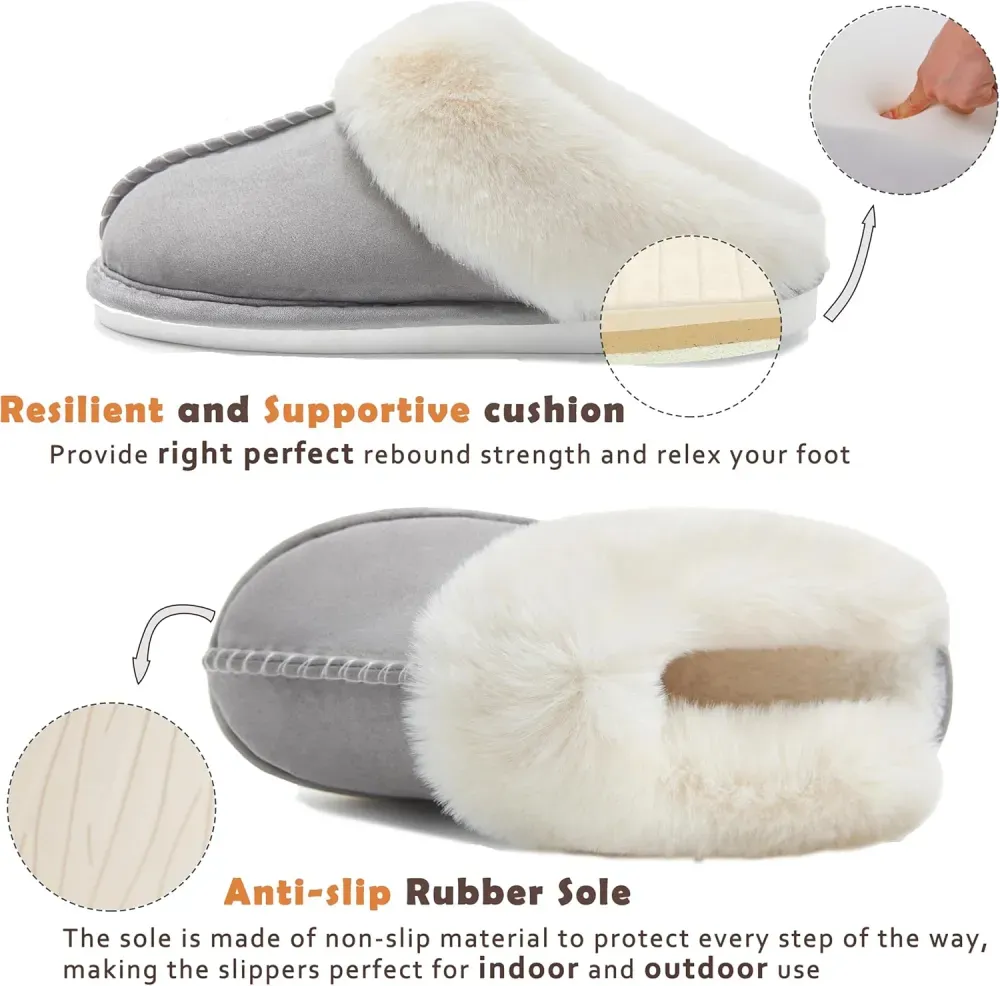 Womens Slipper with Memory Foam Fluffy Soft Warm Slip On House Slippers Anti-Skid Cozy Plush for Indoor Outdoor