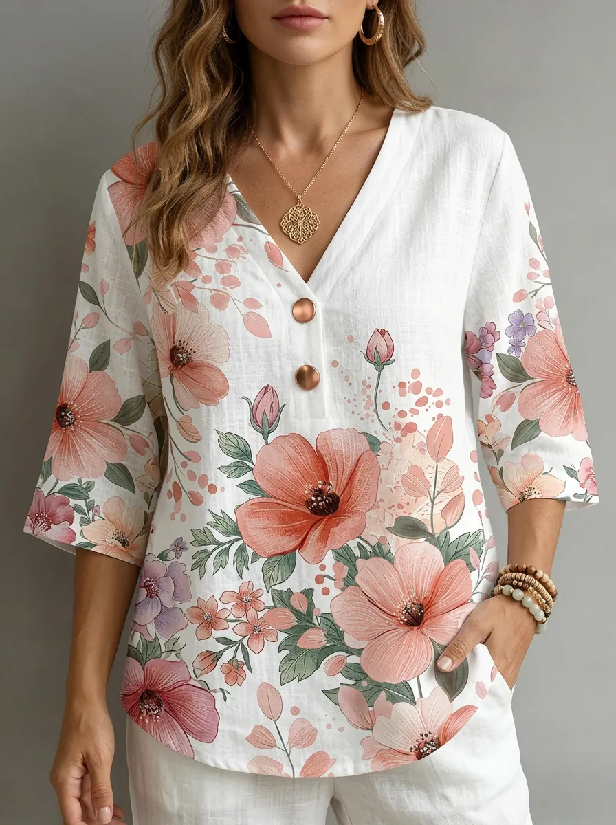 Women's Nashville Floral Botanical Printed V-Neck Top