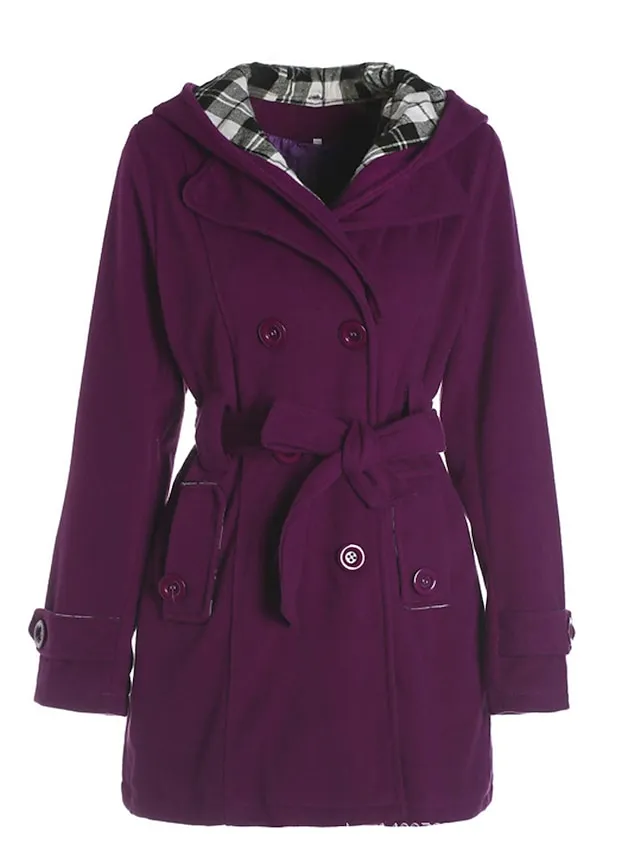 Women's Winter Coat Long Overcoat with Belt Elegant Pea Coat with Hood Double Breasted Warm Windproof Hoodie Jacket Fashion Daily Casual Outerwear Long Sleeve Black Wine Red S M L